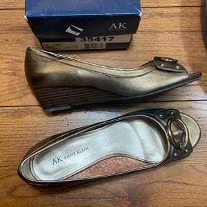 Anne Klein “Hinkle” Dark Bronze Peep-Toe Wedges